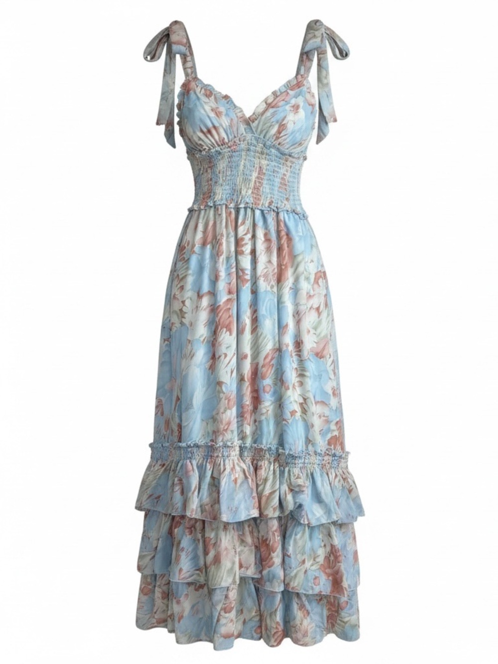 Petal + Pup Sky Blue Ciao Tiered Ruffles Floral Maxi Dress Size M